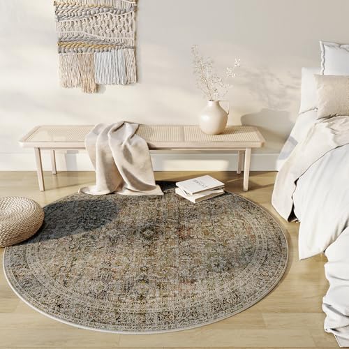 4x4 Washable Round Rug Brown Vintage Distressed Entryway Kitchen Non Slip Area Rug Living Room Bedroom Indoor Doormat Soft Accent Carpet for Entrance Dining Room Bathroom