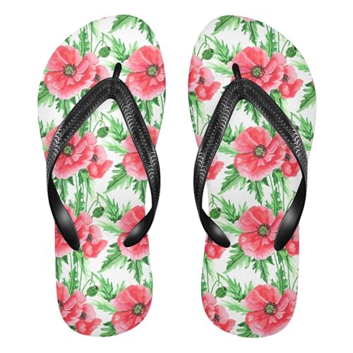 Red Poppy Flower White Flip Flops for Beach Thong Sandals Anti-slip Lightweight Flat Slippers for Summer Outdoor Travel