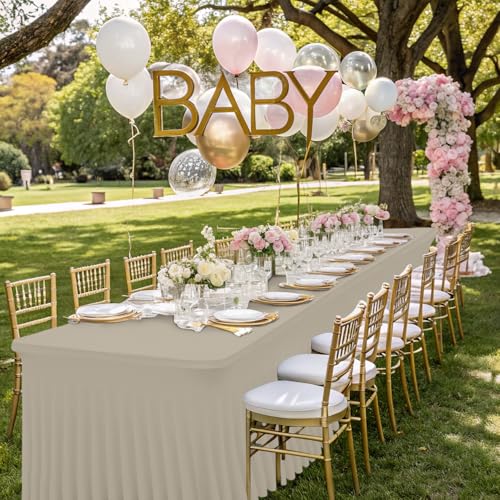 Image of Smiry Spandex Elastic Fitted Table Cloth Skirt for 4FT Rectangle Table | Stretch Washable Table Cloth, Banquet Table Cover for Wedding, Party, Indoor & Trade Shows, (Taupe, 48Lx30Wx30H)