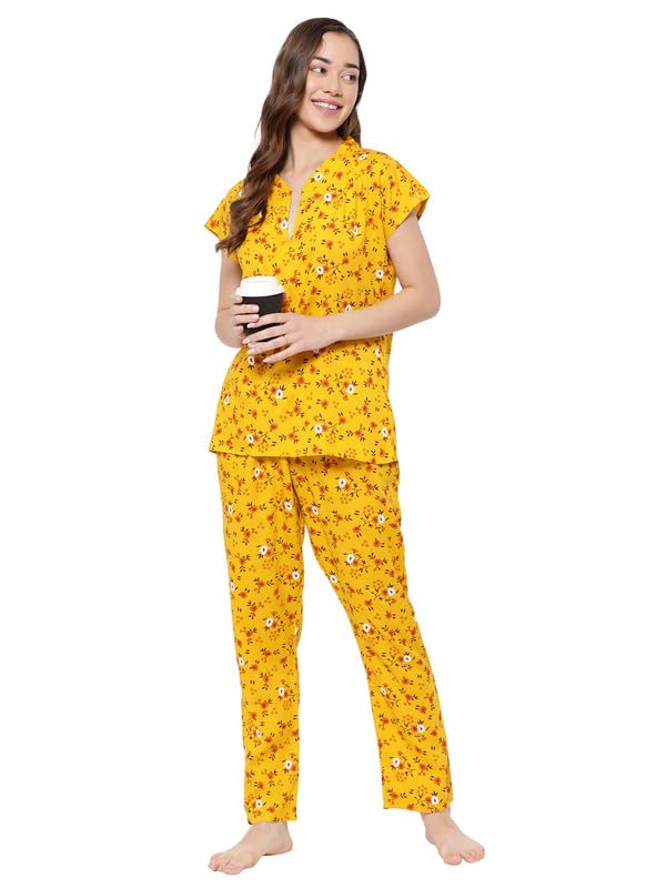 Image of Clovia Women's Rayon Printed Top & Pyjama Set in Yellow
