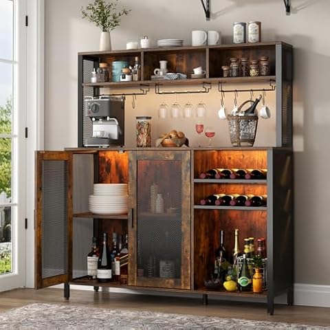 Loomie Wine Bar Cabinet with LED Lights, Industrial Coffee Bar Cabinet with 3 Storage Compartments & Wine Rack &Glass Holder,Sideboard Buffet Cabinet for Liquor and Glasses,Liquor Cabinet,Rustic Brown Cover