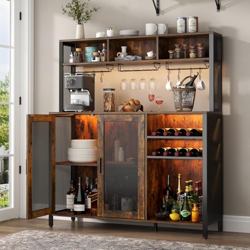 Loomie Wine Bar Cabinet with LED Lights, Industrial Coffee Bar