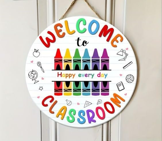 Maxsafe Classroom front Door Wood With Sticker Welcome Sign,Welcome To Classroom Wood Plaque Ornaments for Wall Door Hanging Decor Round