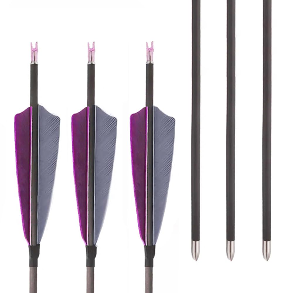 12 pz ID 4,2mm Freccia in Puro-carbonio, Spine 300 400 500 600 700 800 900 1000 Freccia da Caccia, 4" Piuma di Tacchino Grigio Viola, per Ricurvi/Compound Arco Tiro con l'arco