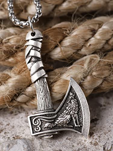 Haquil Viking Battle Axe Necklace, Wolf Raven Axe Amulet Pendant, Stainless Steel Box Chain, Authentic Viking Jewelry Men #TOP5