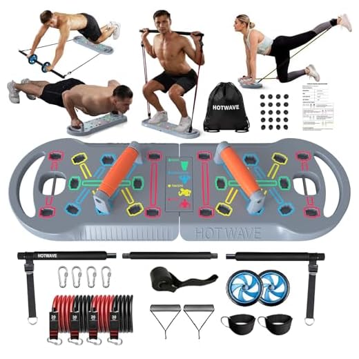 HOTWAVE Equipo de Ejercicio portátil con 16 Accesorios de Gimnasio. Tabla de Ejercicios 20 en 1, Bandas de Resistencia con Rodillo Abdominal, Entrenamiento de Cuerpo Completo en casa