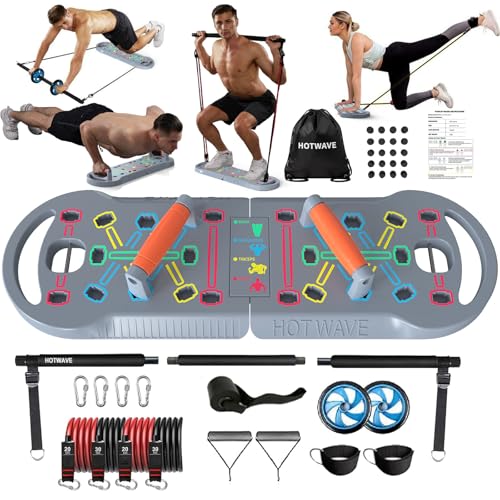 HOTWAVE Equipo de Ejercicio portátil con 16 Accesorios de Gimnasio. Tabla de Ejercicios 20 en 1, Bandas de Resistencia con Rodillo Abdominal, Entrenamiento de Cuerpo Completo en casa