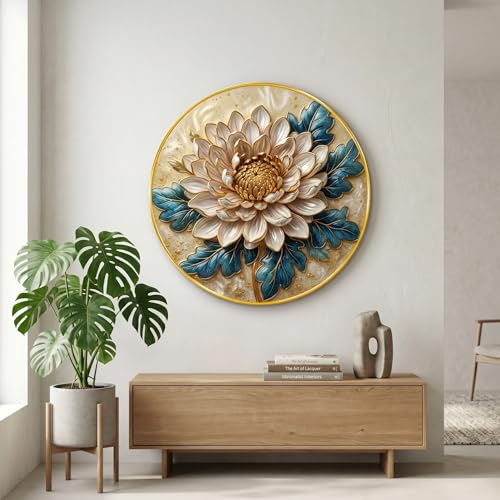 Image of SAF Luxury Floral Round Wall Painting White Gold Flower Art with Blue Leaves PVC Golden Frame Modern Wall Decor for Living Room Bedroom Office Home Decoration (20 x 20 Inch) GRL-394