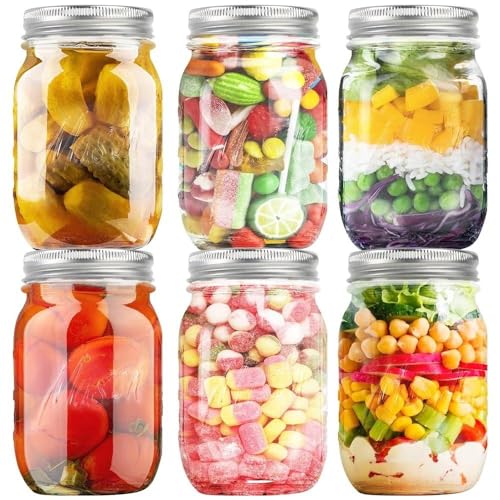 BREFR Glass Mason Jars 16oz (6-Pack) – Regular Mouth with Lids & Seal Bands | Airtight for Pickling, Canning & Food Storage | Ideal for Jams, Overnight Oats & Home Decor