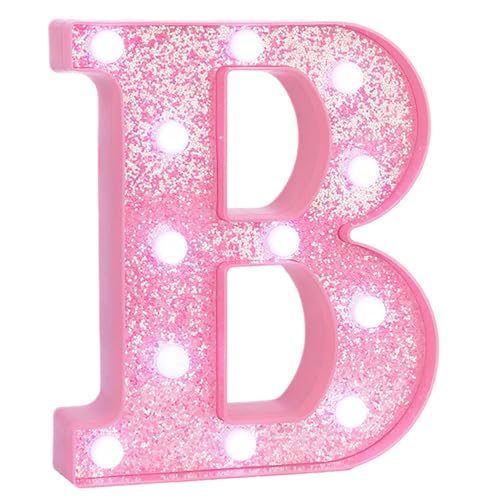 Image of Pink Marquee Light Up Letters, Glitter Alphabet LED Letter Lights for Pink Birthday Party Decorations, Battery Operated Letter Sign for Girls Room Vanity Table Decor, Cool White Lights Letter B