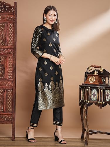 Image of VredeVogel Women's Cotton Silk Jacquard, Banarasi Silk Kurta Pant With Dupatta Set