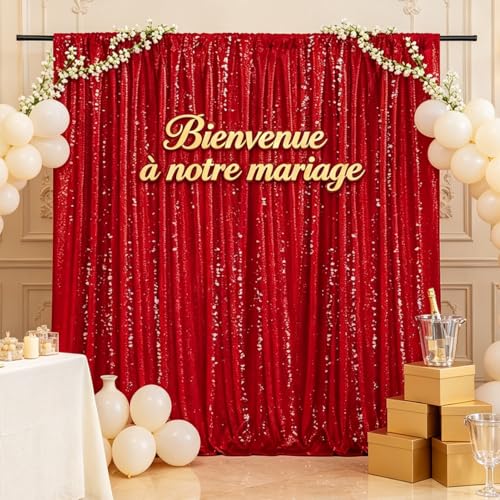Image of 10FTx10FT Red Sequin Backdrop Curtain Photo Photography Party Decorations | Twilight Sparkle Glitter Fabric for /Wedding /Baby Shower /Happy Birthday /Christmas /New Years /Bachelorette /Theme Party