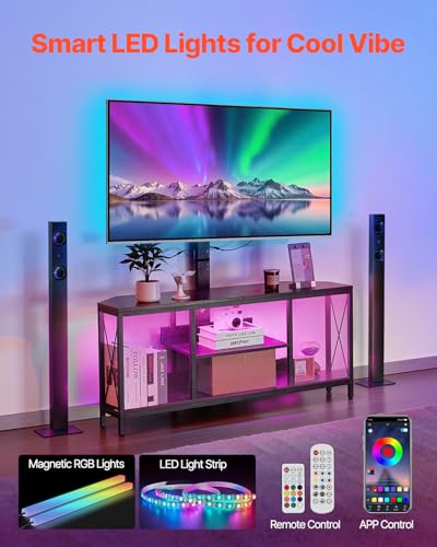 Image of VEVOR 45 inch TV Stand with Mount for up to 75 in TVs, Entertainment Center with Power Outlet & LED Lights, Height Adjustable TV Console with Mount with 3 Tiers Storage Cabinets for Bedroom, Living Room