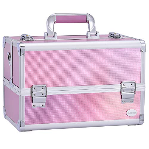 small makeup box handle - Joligrace Makeup Box Train Case - Professional 13.5 Inch Portable Aluminum Cosmetic Organizer Storage Box with 4 Adjustable Dividers Trays, 2 Locks and Shoulder Strap - Holographic Pink