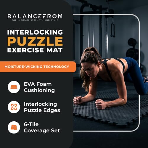 Image of BalanceFrom Puzzle Exercise Mat 1-inch Thick, EVA Interlocking Foam Floor | Tiles for Home Gym, Studio, or Playroom Flooring, Black, 24 in x 24 in x 1 in, 24 Sq Ft - 6 Tiles
