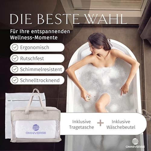 Omniverse Badewannenkissen Ganzkörper 125×40cm für Körpergröße 160–180cm, nur für Glatte Badewannen geeignet, schnelltrocknend, hautfreundlich, Badewannenmatte mit 3 integrierten Kissen,Weiß
