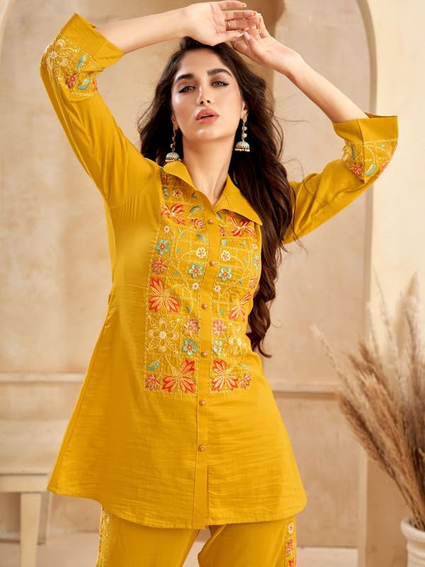 Image of Mustard Chinnon Floral Embroidered Co-Ord Set
