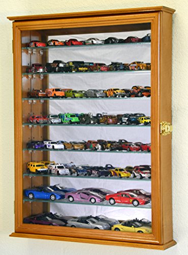 7 Adjustable Shelves Mirrored Hot Wheels/Matchbox/Diecast Cars / 1/64 1/43 Model Display Case Cabinet, Oak