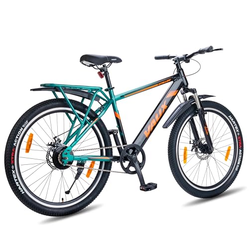 Image of Vaux Stallion-Pro 26inch Cycle for Men with Integrated Carrier IBC| 17 inch Steel Frame| Dual-Tone Colors| Dual Disc Brakes| 26 X 2.4 Nylon Tyres| Front Suspension| Single Speed(Green-Black)