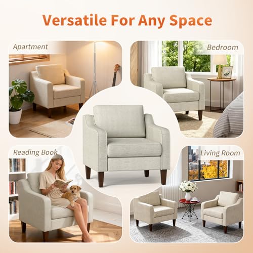Image of FDW | Accent Chair | Upholstered Arm Chair | Spring Cushion High Density Foam | Durable Wood Legs | Mid-Century Modern Design | Fabric Beige | Living Room, Bedroom, Reading Room, or Apartment