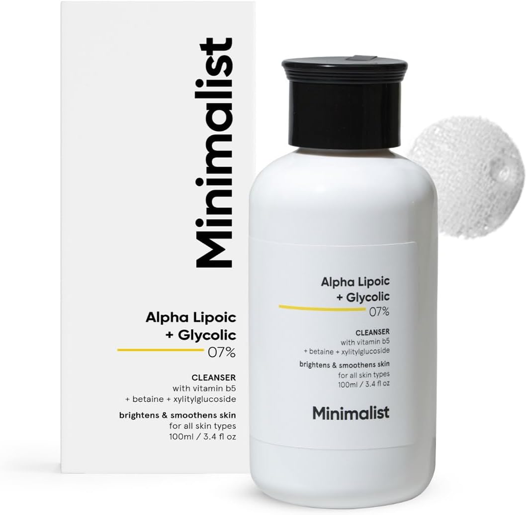 Minimalist ALA & AHA 7% Cleanser for Brightening, Exfoliating, Glow & Even Tone | With Vitamin B5 For Hydration & Glycolic Acid For Exfoliation | 3.4 Fl Oz / 100 ml