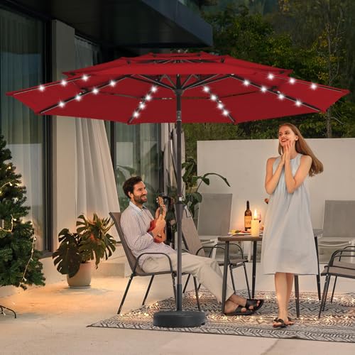 Image of JEAREY 3 Tiers Patio Umbrella with Solar Lights 9ft Outdoor Market Table Umbrellas with Push Button Tilt for Outside Pool Garden, Red