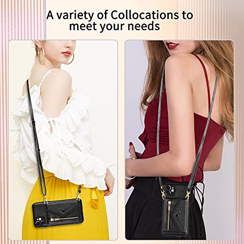Iphone 12 Mini Crossbody Wallet Case For Women Girl Lanyard Card Holder Zipper Phone Pouch Purse Case With Strap Magnetic Iphone 12 Mini Flip Protective Back Cover Small Crossbody Phone Bag Black #TOP1