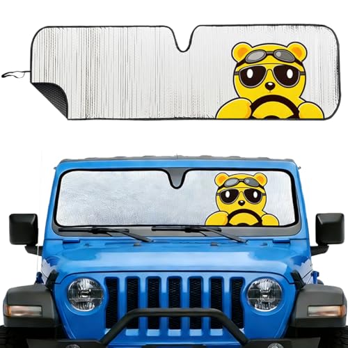 Image of Cute Bear Windshield Sun Shade for Jeep Wrangler TJ /LJ 1997-2006, JK 2007-2017,JL /JLU 2018-2025 & Gladiator JT 2020-2025 | Funny Foldable Front Window Sun Visor Cover UV Blocking Sunshade