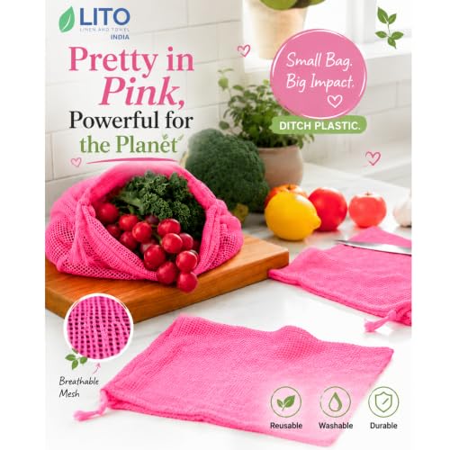 Image of Vegetable Bag for Fridge (3 pcs), Fridge Storage bags with Drawstrings, 100% Cotton Vegetable Storage Bags for Refrigerator, Keeps Veggies Fresh Longer, Eco-Friendly Fridge Bag (Onion Pink - 3 Pack)