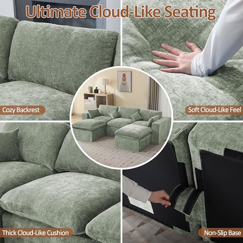 Image of 115'' Cloud Boneless Sectional Couch, Modular Sectional Sofa Deep Seat with 2 Ottomans, Oversized Upholstered Convertible Comfy 5 Seater Chenille Sofa U Shape Couches for Living Room, Green