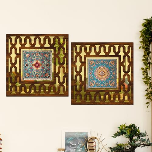 Image of Wooden Turkish Mirror Wall Decor Panel for Home Decor Living Room Bed Room Office (AD7, 12X12 Inches, Set of 2)