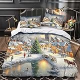 APQRTVXZB Weihnachtsdorf 3D Bedruckt Bettbezug 3teilig Mikrofaser farbbeständig Winterliche Festszene Bettdeckenbezug 2 Kissenbezüge fleckenfest Familienzimmer Deko Double（200x200cm）