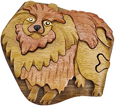 Handmade Wooden Art Intarsia TRICK SECRET Pomeranian Dog Puppy Puzzle Trinket Box (3309) (g2)