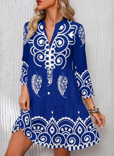 Image of Opemiby Summer Dresses for Women 2026 Flowy Ruffle 3 /4 Sleeve V Neck Tiered Casual Babydoll Boho Beach Mini Dress