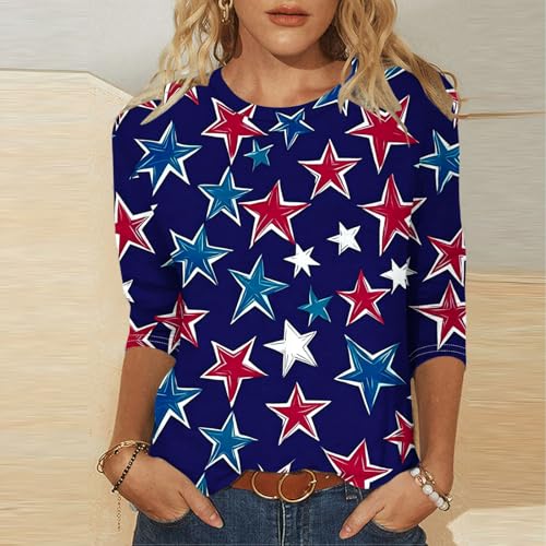 Image of Fourth of July Shirts for Women 3 /4 Sleeve Summer Tops American Flag Print T Shirt Patriotic 4th of July Shirts 2025