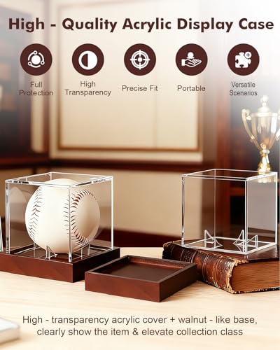 Image of Fitense Clear Acrylic UV-Protected Sports Display Case with Solid Wood Base for Autographed Memorabilia, Baseball