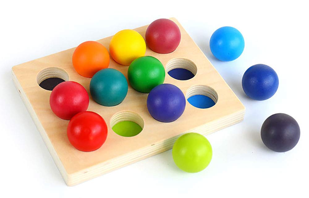 moderngenic [Upgraded to 2"] Rainbow Wooden Balls with Tray, 12 Piece Sorting and Matching Educational Learning Montessori Toy for Toddlers, Bigger Balls for Safety