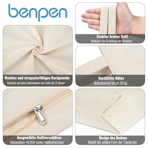 benpen Cord Uni Tasche Shopper Damen,Beige Schule Handtasche Groß Schultasche Umhängetasche Tote Bag Unitasche Arbeitstasche mit Reißverschluss Fächern,Geschenk für Sie Damen