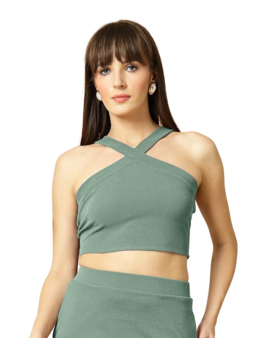 OOMPH! Women's Crepe Regular Fit Halter Neck Crop Top-picture-11