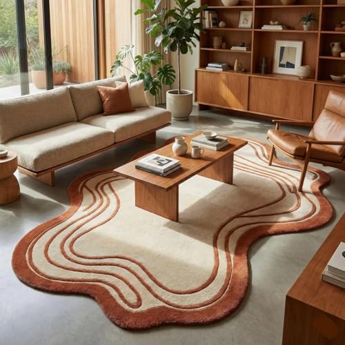Image of Handmade Woollen Rug 6x8 Ft - Modern Irregular Shape Aesthetic Carpet, 1 Inch Thick Pile, Anti-Skid Backing, Soft Hand Tufted Wool Area Rug for Living Room, Bedroom, Hall Decor