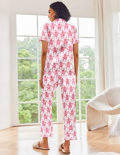Image of Ekouaer 2 Piece Satin Short Sleeve Pajamas Set Button Down Sleepwear | Soft Pjs Set Classic Loungewear for Wedding, Party, Home, Daily Wear, Date Nights