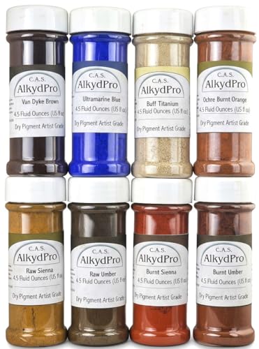 C.A.S. ALKYDPRO Ultramarine Blue, Titanium Buff, and Earth Pigment Set for Oil Paint, Watercolor, Acrylic, Epoxy Resin, Encaustic, and Concrete, Dry Powder Artist Grade, 4.5 Fl Oz (Pack of 8)