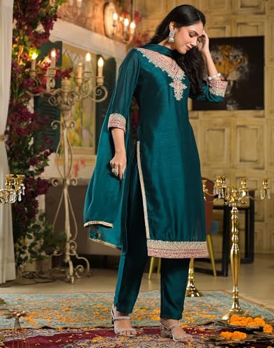 Image of SKYLEE Silk Blend Weaving and Embroidery Lace Straight Kurta Set with Dupatta