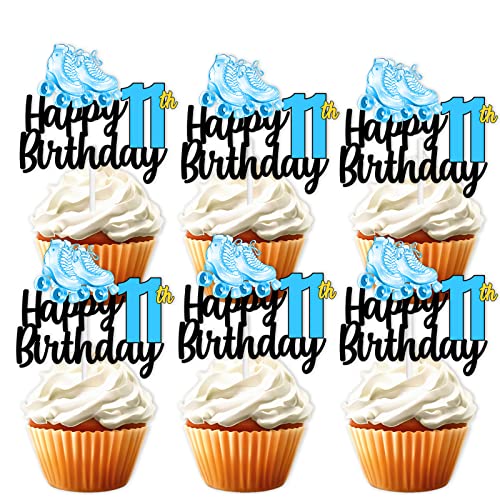 18Pcs Blue Glitter Roller Skates Happy Birthday Dessert Cupcake Topper 80S 90S Retro Hip Hop Roller Skating Theme Decor Supplies Boys Girls 11Th Happy Birthday Party Decorations #TOP30
