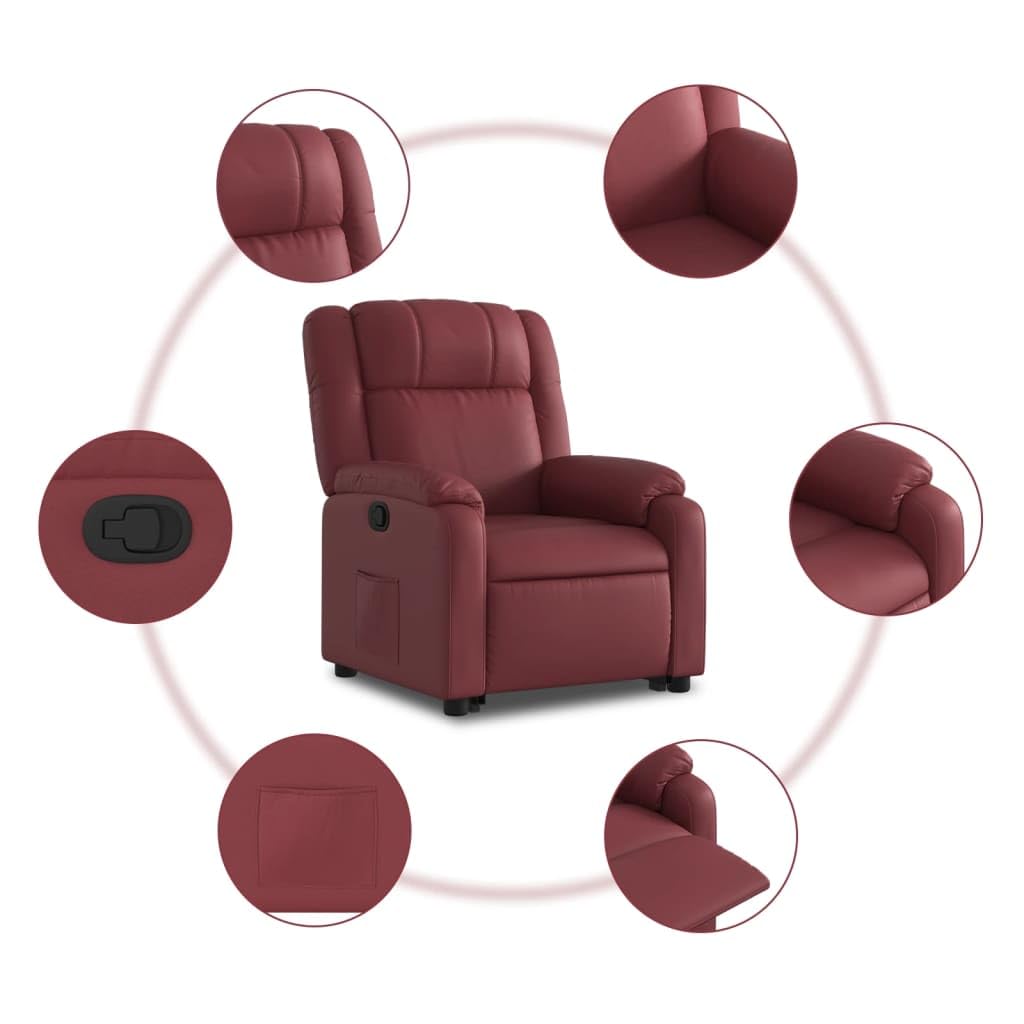 Fauteuil rehausseur inclinable en similicuir rouge vin avec moteur électrique et inclinaison manuelle à 135 degrés pour une assise confortable et un levage assisté