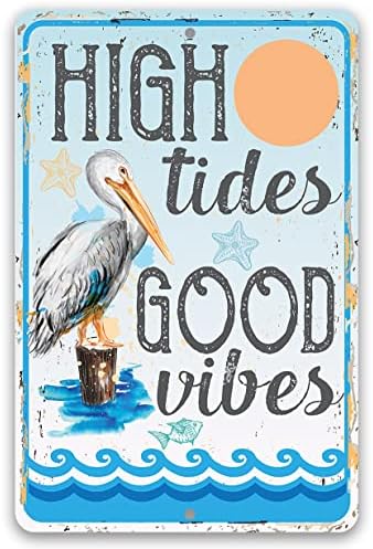 Beach Decor - High Tides Good Vibes - Beach Sign Metal Sign - Wall Art Beach Signs for Indoor/Outdoor - Beach Decor for Bedroom, Pool Decorations Outdoor, Beach Signs for Home Decor