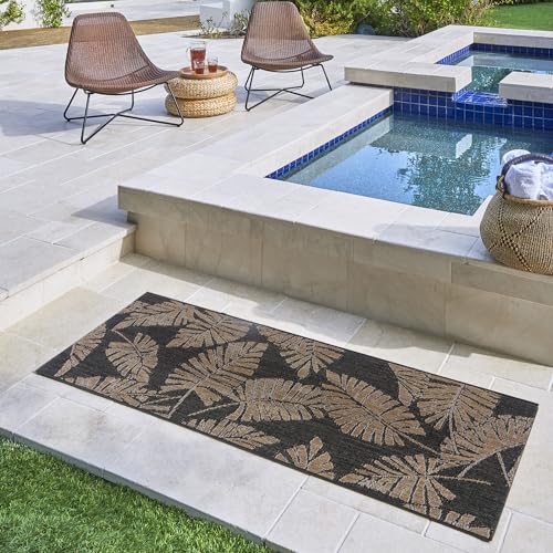 Gertmenian Indoor/Outdoor Kona Coast by Reyn Spooner Runner Rug - 2x6 Runner, Stain & UV Resistant, Ideal for Deck, Patio, Poolside Rooms - Palmtree Leaf, Black Brown, 46687