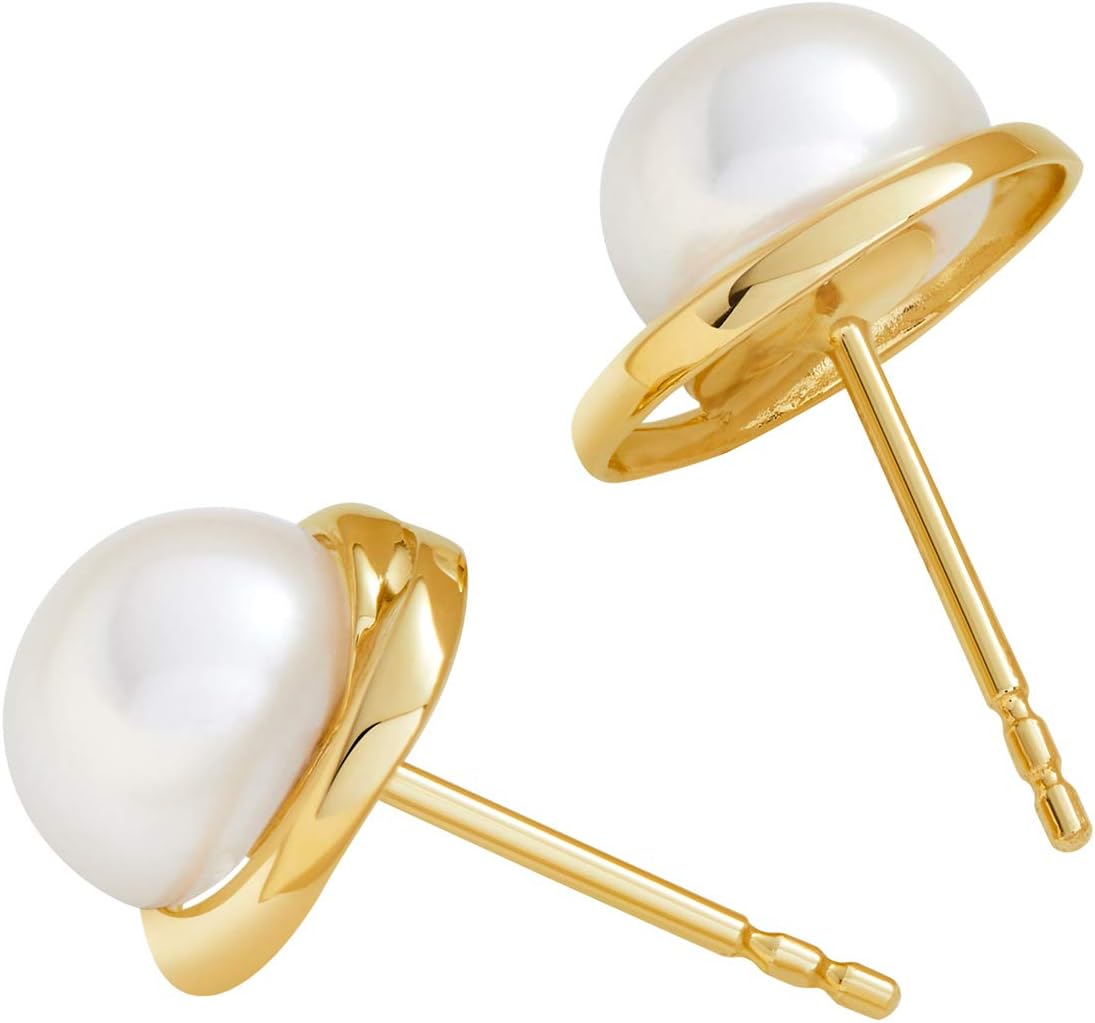 Peora Freshwater Cultured White Pearl Stud Earrings in 14K Yellow Gold, Round Button Shape, 7mm Swirl Solitaire, Friction Backs, Pearl Earrings Studs, June Birthstone
