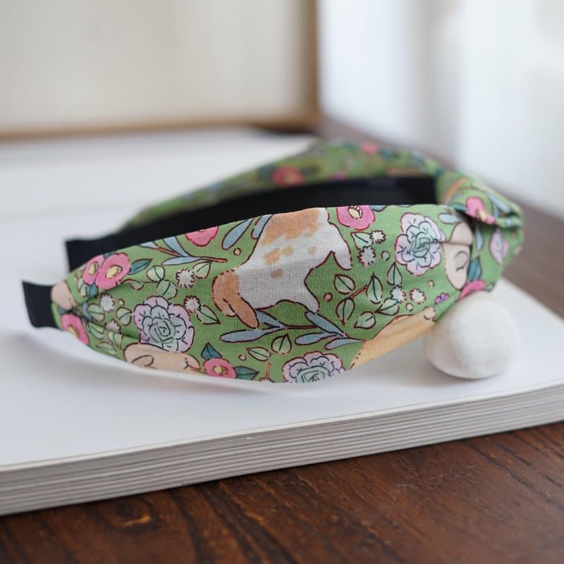 Women's Fashion Headbands - Vintage Ethnic Style Wide Knot Hair Accessories, Floral Fabric Headbands for Women (23-Grass Gree, One Size) - Image 3