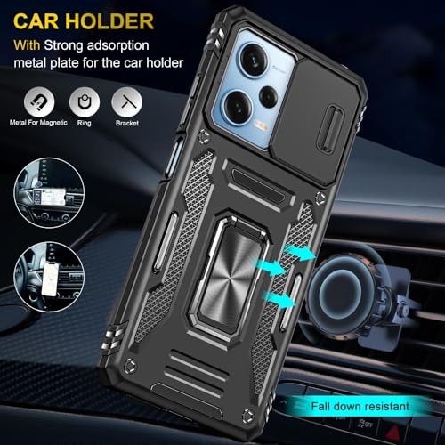 Image of Vaku Luxos Aegis Armor Slide TPU Back Cover Case for Xiaomi Redmi Note 12 5G with Magnetic Ring Holder Kickstand Camera Screen Protector- Black